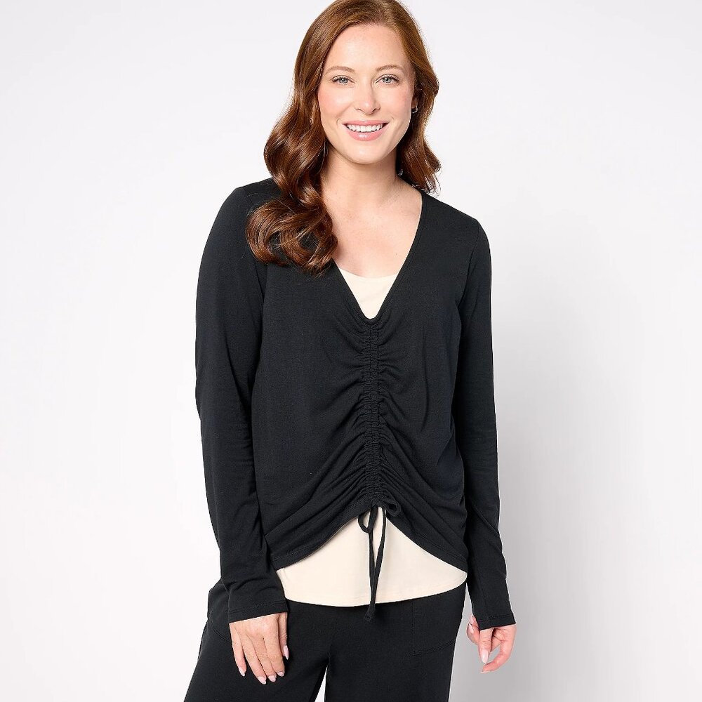 AnyBody Cozy Knit Ruched Front 2-for-1 Top - Black Sz S a666031